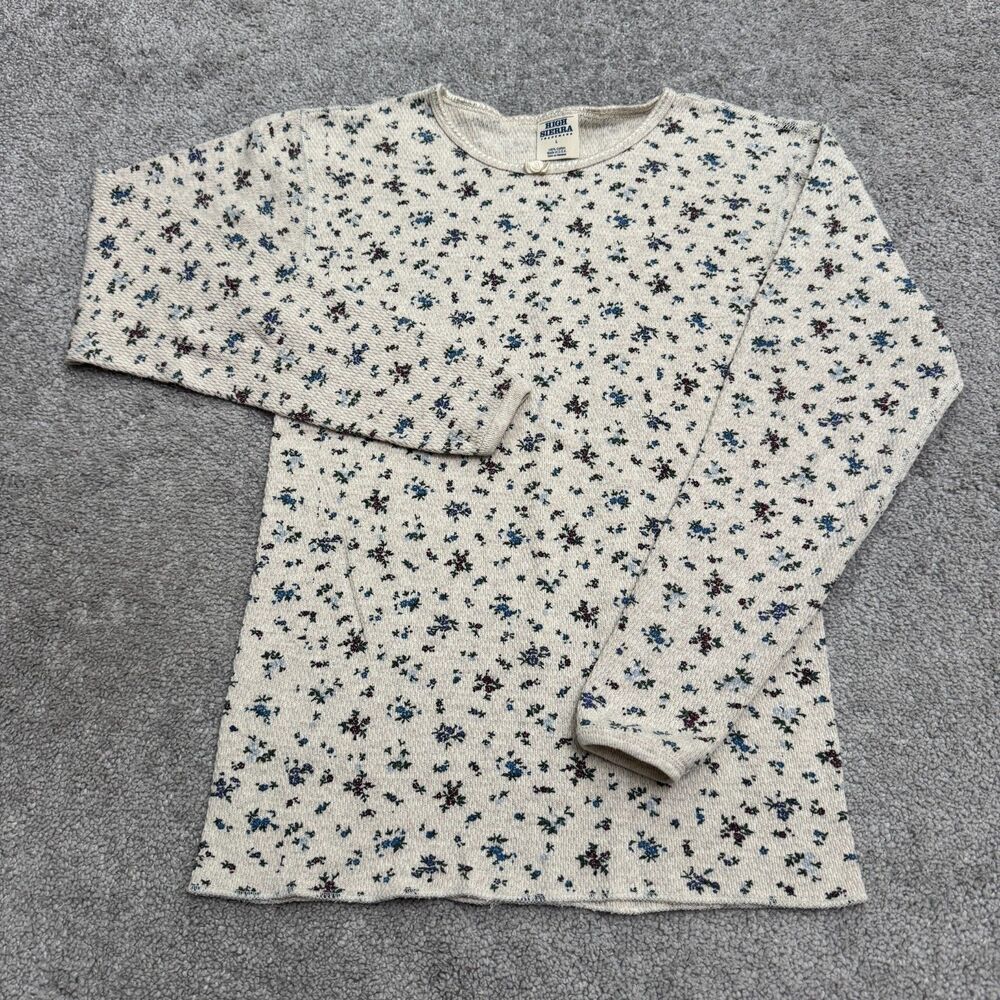 Vintage 90s High Sierra Thermal Top Women Large Cream Cotton Waffle Knit Floral